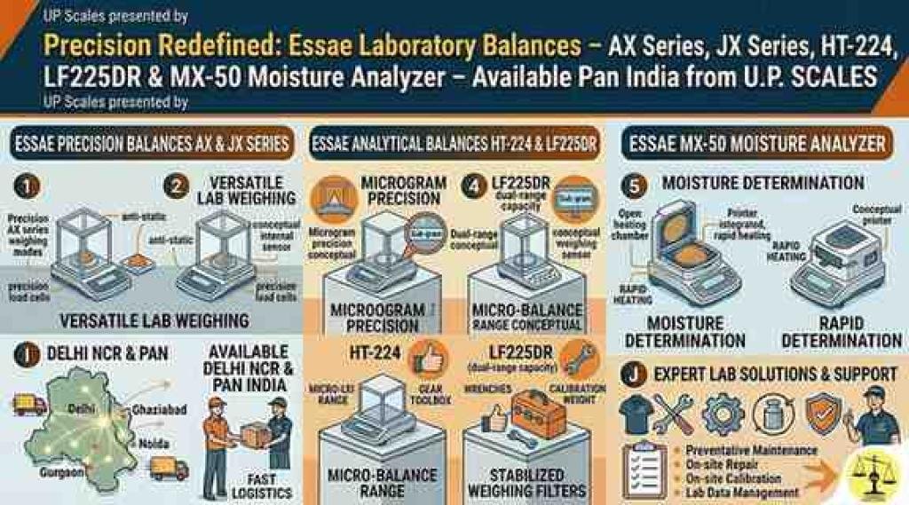 Precision Redefined: Essae Laboratory Balances – AX Series, JX Series, HT-224, LF225DR & MX-50 Moisture Analyzer – Available Pan India from U.P. SCALES